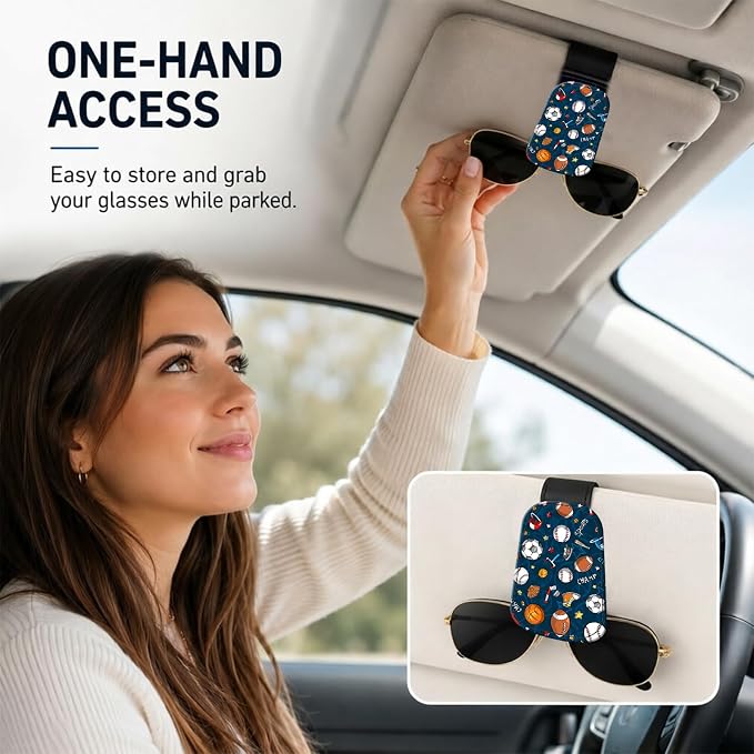 Leather Magnetic Sunglass Holder for Car Sun Visor, Cute Eyeglass Ticket Card Hanger Clip, Universal Auto Interior Accessories for SUV Pickup Truck, Sports Ball - Image 2