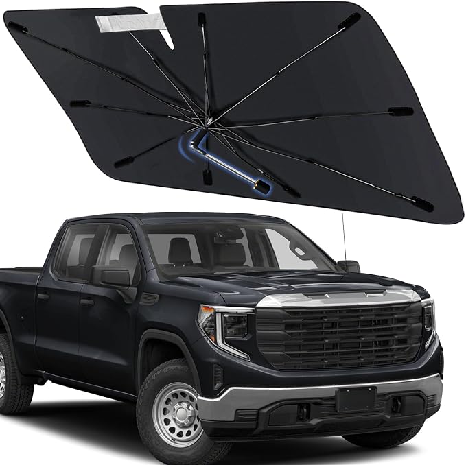 Windshield Sun Shade Umbrella for GMC Sierra 1500 2500 3500 2019-2025 | Custom Fit Foldable Front Window Sunshade with 360° Rotating Shaft for UV & Heat Protection, Easy Storage Car Sun Shield by Visufy