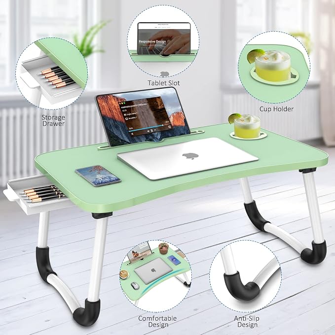 Fayquaze Portable Foldable Laptop Bed Desk with Storage Drawer and Cup Holder - Lap Desk Laptop Stand Tray Table for Eating, Reading and Working - Image 3
