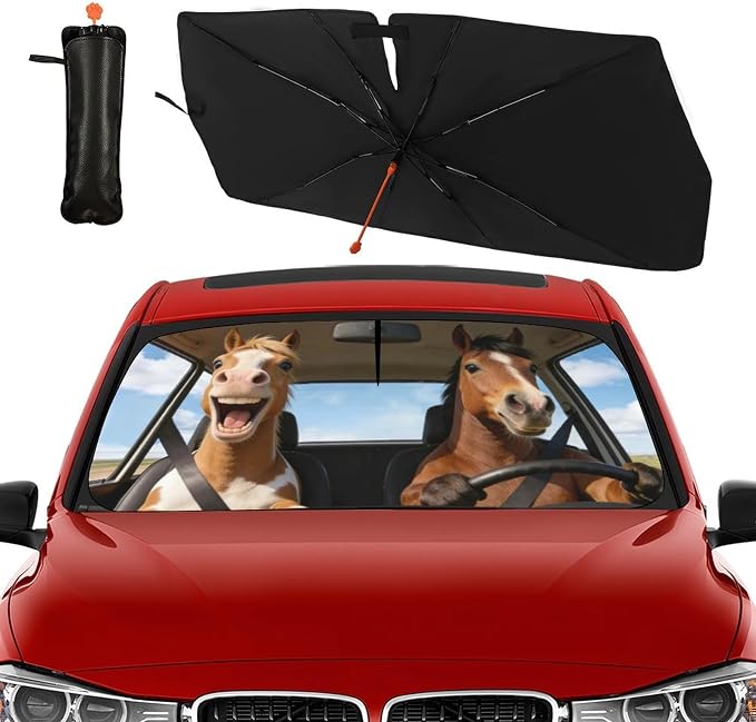 Horse Car Windshield Sun Shade Umbrella Bendable Handle Foldable Funny Horse Animal Driving Sunshade for Car Windshield Block UV Rays Keep Vehicle Cool for Most Sedans SUV Trucks 57"x30" - Image 5