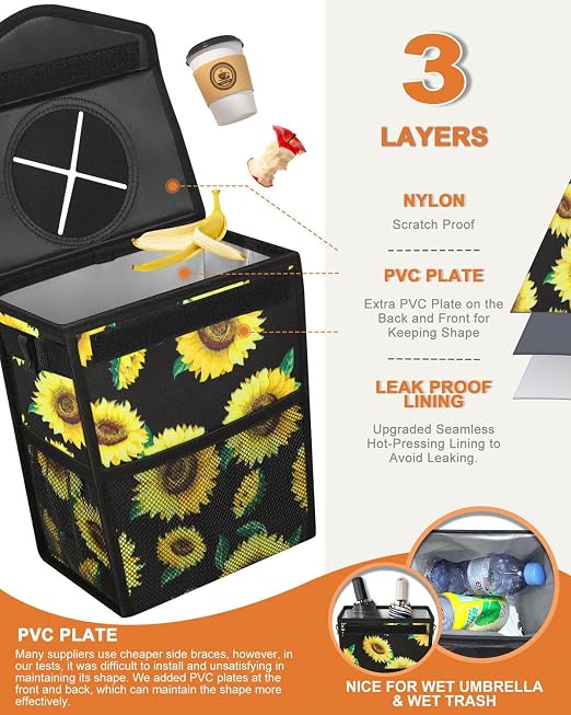 Pritent Car Trash Can with Lid Leakproof Car Garbage Bag Vehicle Trash Bin | Hanging Automotive Garbage Can,Multipurpose Car Accessories for Women Men Interior Car Storage Organizer(2.8 Gal,Sunflower) - Image 3
