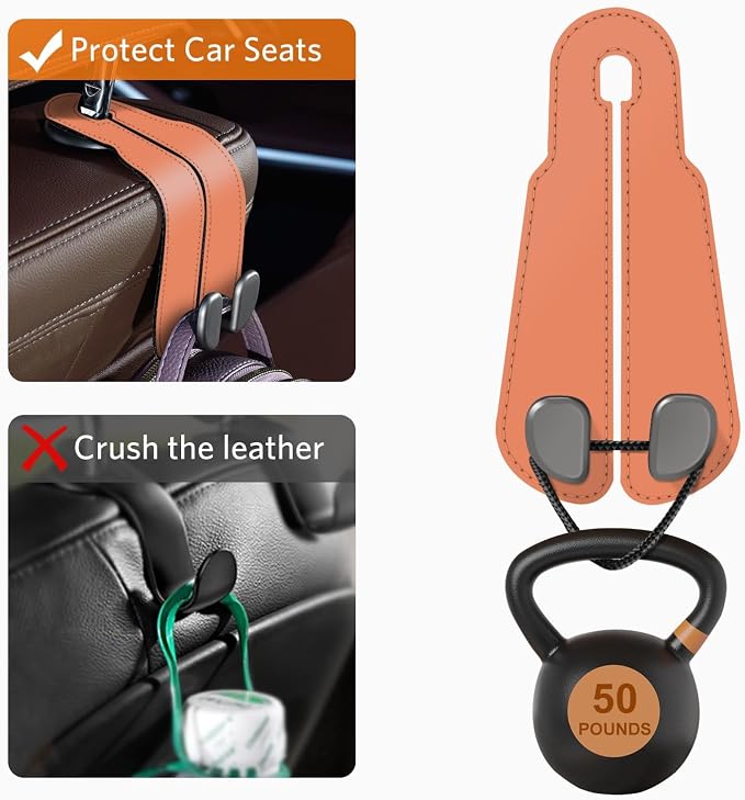 CoBak Purse Hook for Car - Universal Premium Stitched Leather and Aluminum-Magnesium Alloy Double Car Seat Back Storage Hook for Purses, Handbags, Bags (2 Pack),Coral Orange - Image 5