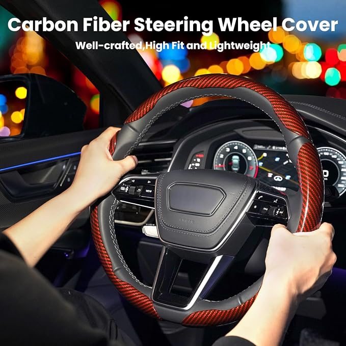 Hiseanllo Carbon Fiber Steering Wheel Cover 3PCS Set – Anti-Slip, Scratch-Resistant, Universal Fit for 14–16 Inch Wheels – Interior Car Accessories for Cars, SUVs, Trucks (Red) - Image 2
