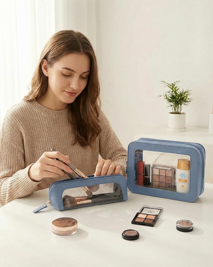 Clear Pencil Case for Kids,Cute Makeup Bag for Women(Slim, Blue) | Waterproof PVC Leather Cosmetic Pouch Zipper,Mini Travel Toiletry Bag for Women,Makeup Brushes Bag Storage and Orgainzer - Image 2