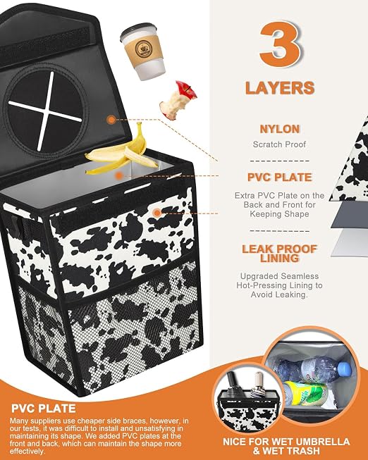Pritent Car Trash Can with Lid Leakproof Car Garbage Bag Vehicle Trash Bin | Hanging Automotive Garbage Can,Multipurpose Car Accessories for Women Men Interior Car Storage Organizer(2.8 Gal,Cow Print) - Image 3