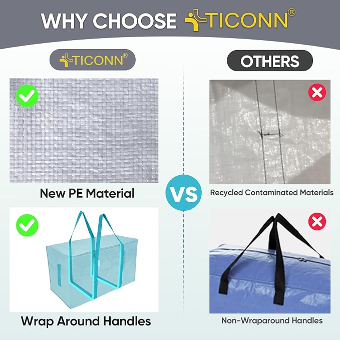 TICONN 6 Pack Extra Large Moving Bags Heavy Duty with Zippers & Carrying Handles, Durable Storage Bags Moving Boxes for Closet Organizers and Storage (6 Pack, Aqua) - Image 4