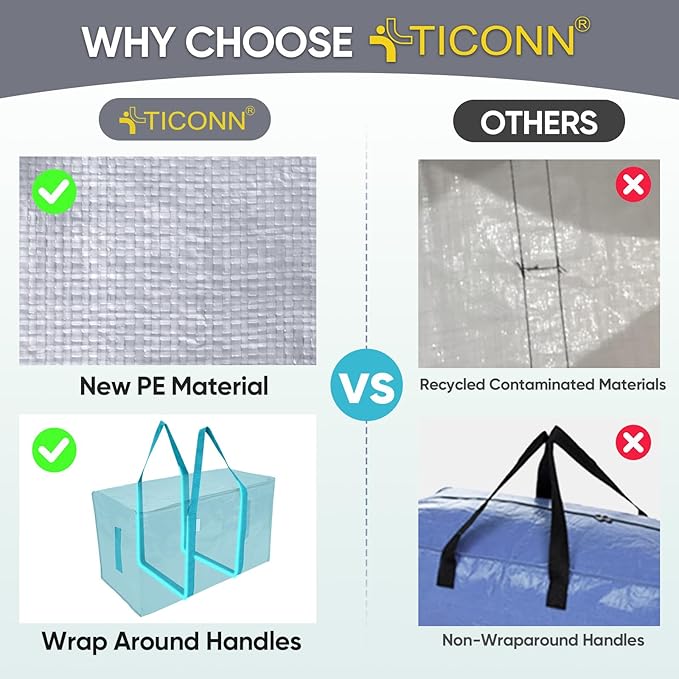 TICONN 4 Pack Extra Large Moving Bags Heavy Duty with Zippers & Carrying Handles, Durable Storage Bags Moving Boxes for Closet Organizers and Storage (4 Pack, Aqua) - Image 4