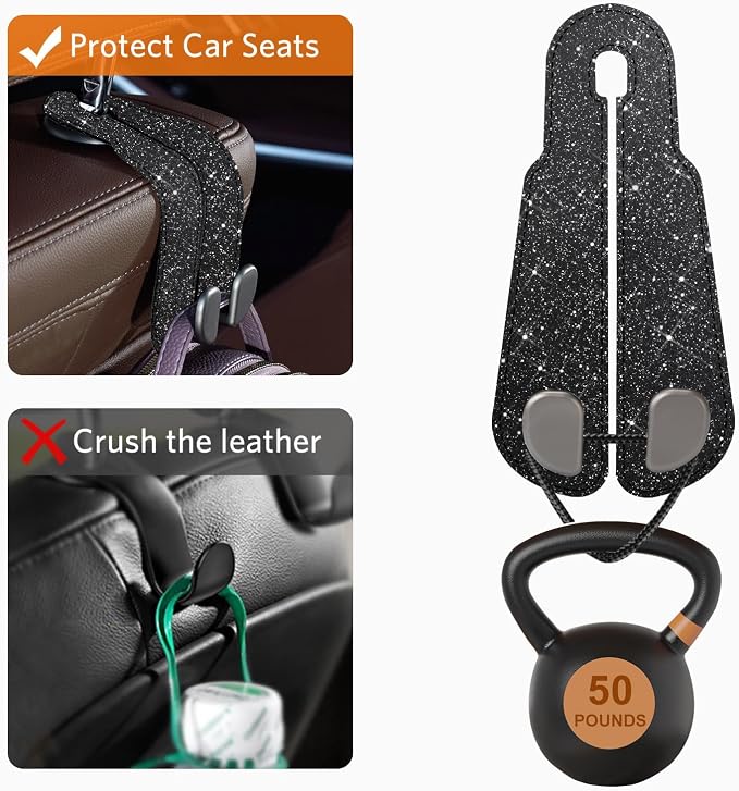 CoBak Purse Hook for Car - Universal Premium Stitched Leather and Aluminum-Magnesium Alloy Double Car Seat Back Storage Hook for Purses, Handbags, Bags (2 Pack),Glitter Black - Image 5