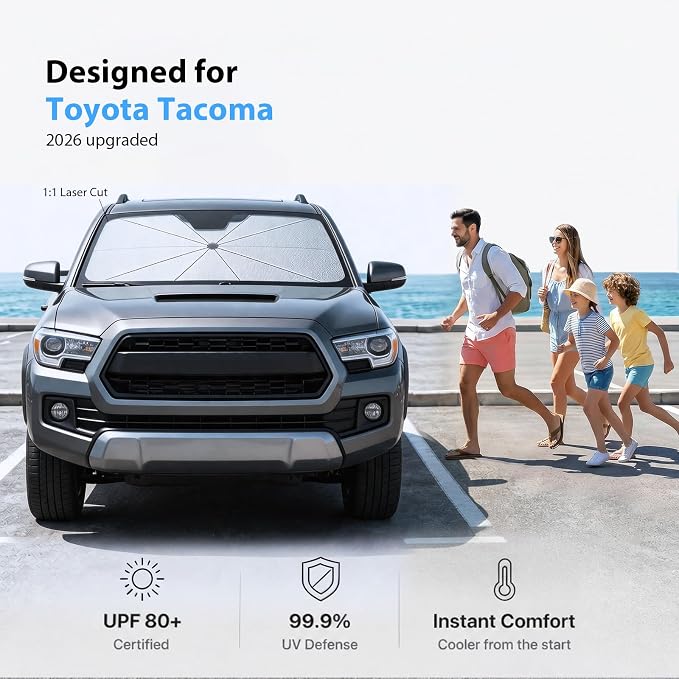 2026 Upgraded Windshield Sun Shade Umbrella for Toyota Tacoma [Precision Custom Fit, Superior UV & Heat Block] Cooling Tech Fabric, Durable Foldable with Storage Bag, Fits 2000-2026 - Image 2