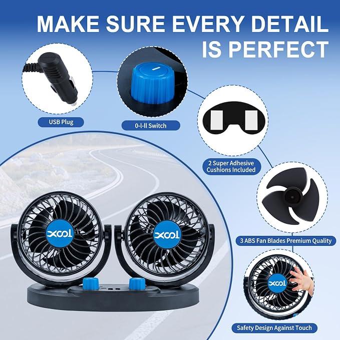 XOOL Car Fan – Car Cooling Fan with 2 USB Charging Ports, Quiet Strong Airflow, Cigarette Lighter Plug, Fan for Car, Vehicles, RVs, and SUVs - Image 7