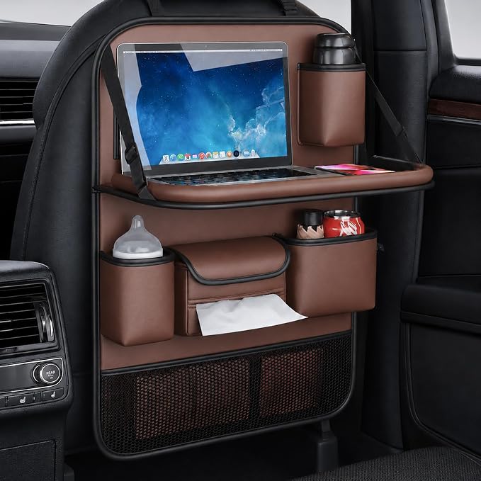 2 Pack Leather Car Backseat Organizer with Foldable Table Tray, Universal Car Seat Back Protector Kick Mat with Touchscreen Tablet Holder, Storage Pockets, Cup Holders & Tissue Holder, Brown - Image 2