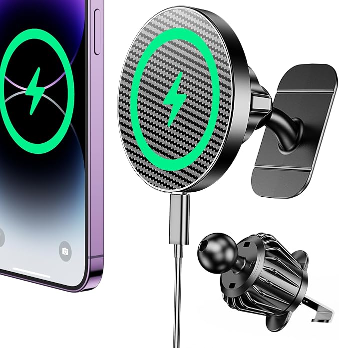 Coolpow Magsafe Car Mount Charger, Magnetic Wireless Car Charger for iPhone | Magsafe Car Charger Magnetic Phone Holders for Your Car Accessories Car Phone Holder Mount for iPhone 17 16 15 (Carbon Fiber) by Coolpow