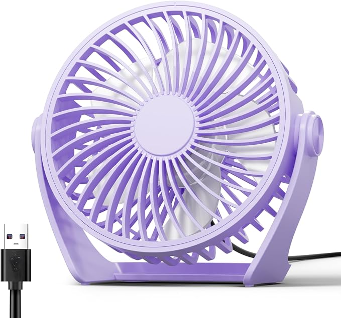 Edvision USB Desk Fan, 5 Inch Small Portable, 3 Speeds Powerful Wind Mini Personal Desktop Fan 360° Rotation Adjustable, Plug In USB Fan Quiet for Table Home Office Travel Car(Purple) by Edvision