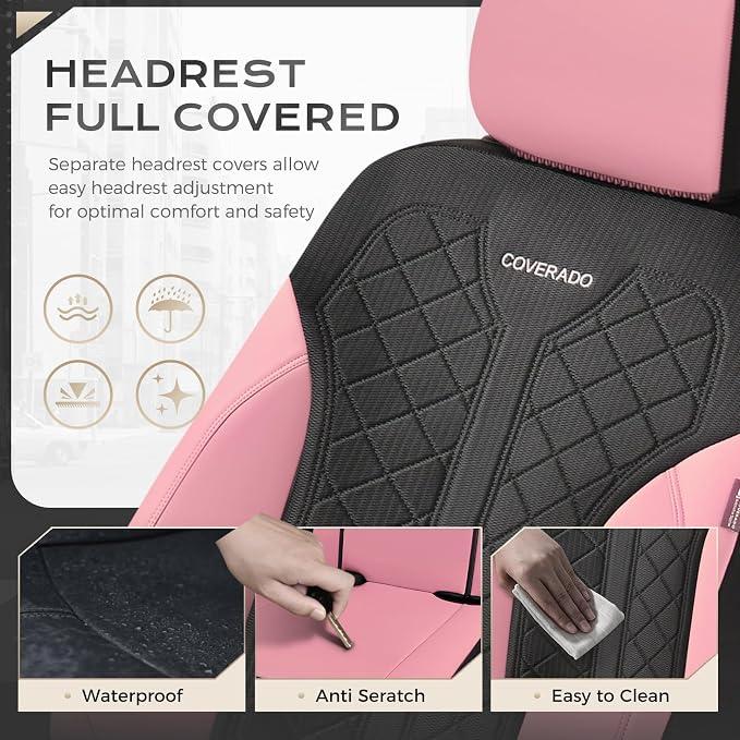 Coverado Car Seat Covers 2-Pack, Luxury Front Seat Covers, Automotive Car Seat Protectors, Pink Driver Seat Covers Universal Fit for SUVs, Trucks, Sedans - Image 7