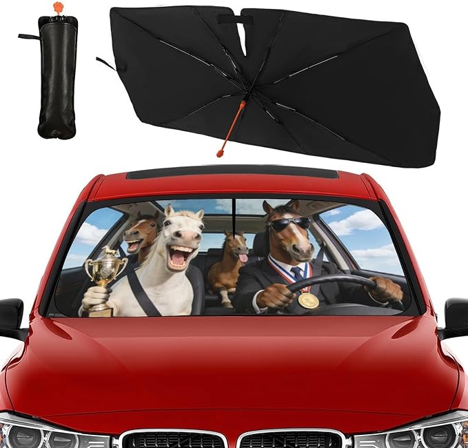 Horse Car Windshield Sun Shade Umbrella Bendable Handle Foldable Funny Horse Animal Driving Sunshade for Car Windshield Block UV Rays Keep Vehicle Cool for Most Sedans SUV Trucks 57"x30" - Image 6
