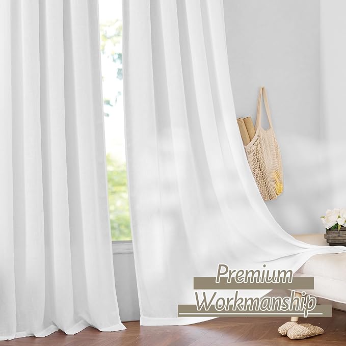 RYB HOME Linen Sheer Curtains 2 Panels for Living Room, Semi Transparent Privacy Drapes with Rod Pocket Farmhouse Style Window Treatments for Bedroom, White, 38" W x 63" L - Image 6