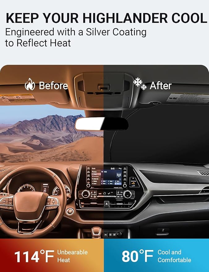 Proadsy Custom Fit Car Windshield Sun Shade for 2020-2026 Toyota Highlander | 240T Heat Shield, Drops Temp 54°F, Blocks 99% UV, Prevents Dashboard Cracking, Summer Parking & Beach Trips, Easy Twist-Fold - Image 3