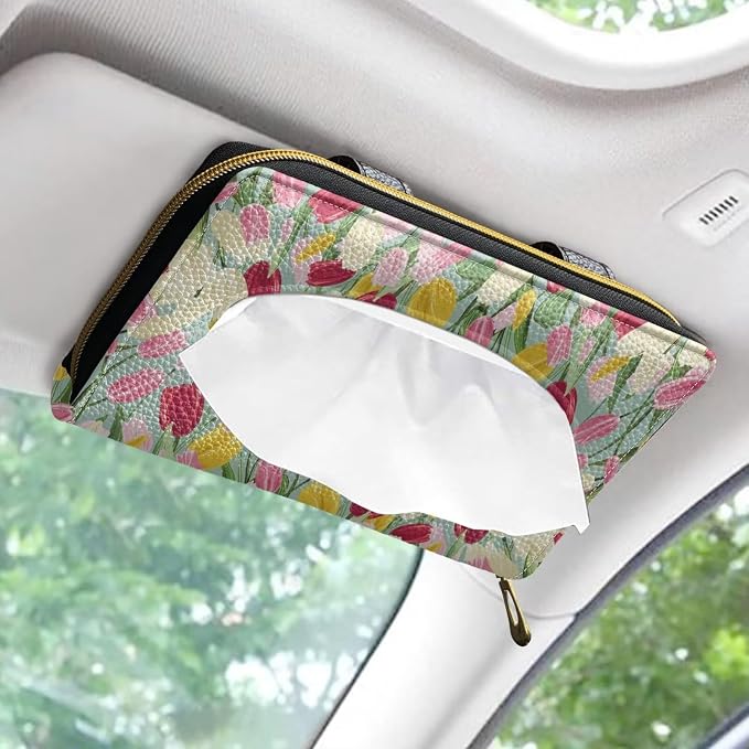 Biyejit Car Visor Tissue Holder, Tulip Flowers Car Visor Napkins Box Holder, Tissue Dispenser for Car Decoration, Suitable for Most Cars, 1 Pack - Image 2
