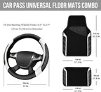 CAR PASS Leather Steering Wheel Cover and Waterproof Car Floor Mats, Microfiber Universal Car Combo Fit for 95% Sedan SUV Van,14.5-15 inch Sporty Anti-Slip Safety Comfortable Design, Black＆White - Image 2