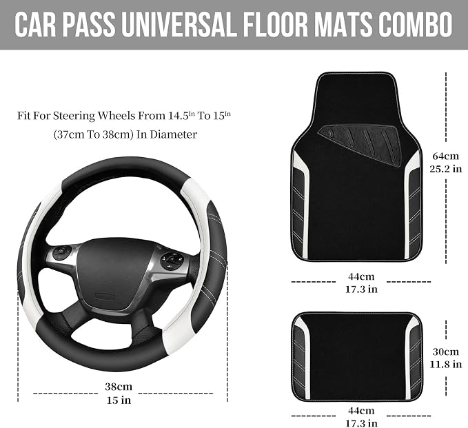 CAR PASS Leather Steering Wheel Cover and Waterproof Car Floor Mats, Microfiber Universal Car Combo Fit for 95% Sedan SUV Van,14.5-15 inch Sporty Anti-Slip Safety Comfortable Design, Black＆White - Image 2