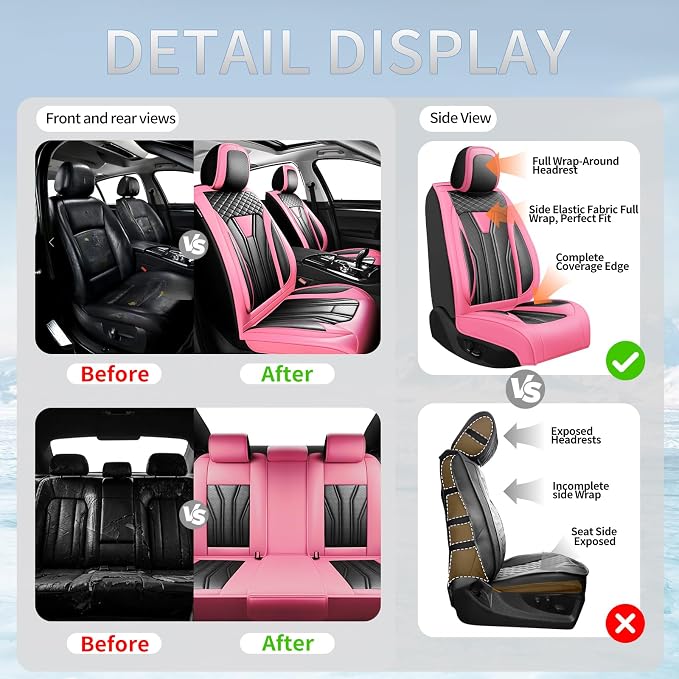 Fit Tacoma Premium Leather Car Seat Covers for Toyota Tacoma 2016-2022 2023 - Waterproof，Breathable，All-Weather Seat Cushion Protecto & Airbag Compatible, 2 Front Seat Pink&Black - Image 6