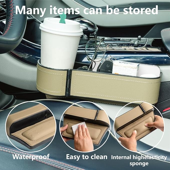 Car Seat Gap Filler Organizer,2 Pack Car Leather Cup Holder Gap Bag,Car Seat Storage Box with Adjustable Cup Holders,Car Organizer Front Seat for Holding Phone, Glasses, Keys, Cards (Beige) - Image 4