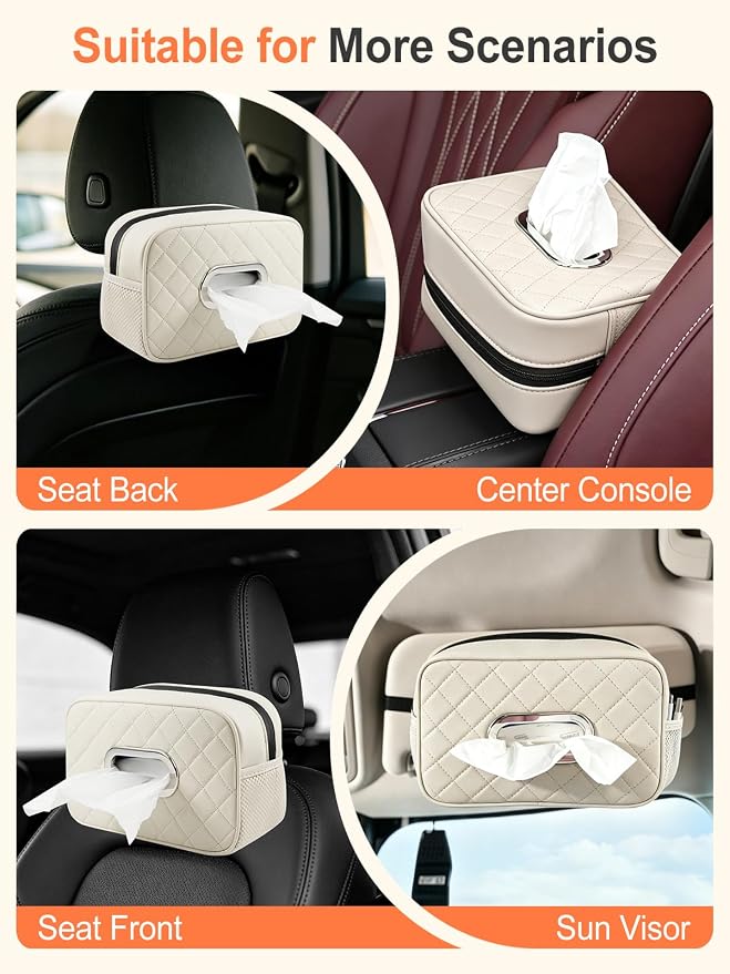 Multi-functional Car Tissue Holder with ‌2 Tuck Nets, Tissue Box Cover | Diamond Pattern, Upgraded PU Leather, Large Rectangle,White Napkin Storage Organizer, Keep Car Tidy - Image 4