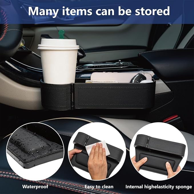 Car Seat Gap Filler Organizer,2 Pack Car Leather Cup Holder Gap Bag,Car Seat Storage Box with Cup Holder Expander,Car Organizer Front Seat for Holding Phone, Glasses, Keys, Cards (Black) - Image 5