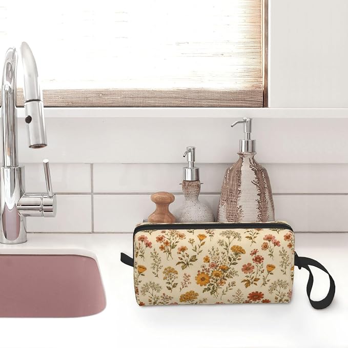 70s Vintage Wildflower Makeup Bag for Women | Small Travel Cosmetic Pouch with Zipper, Compact Makeup Organizer Bag for Purse, Toiletries, Skincare & Daily Essentials - Image 7