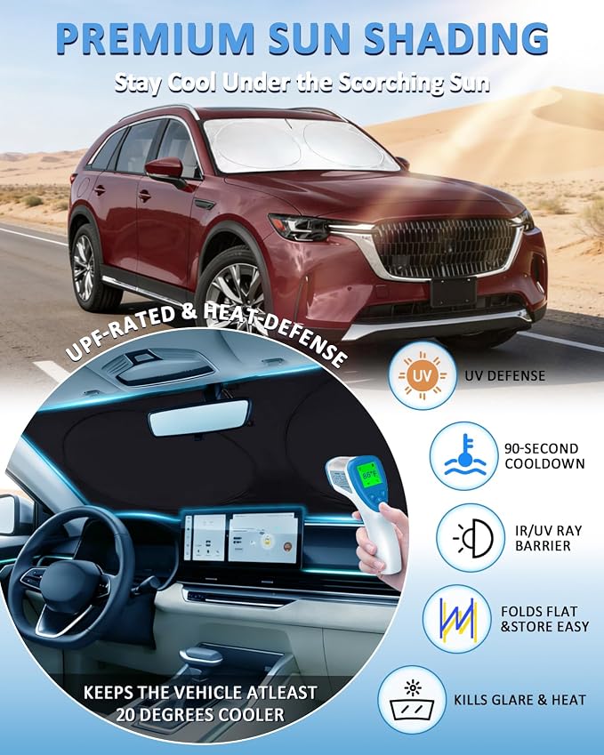 Windshield Sun Shade for 2024 2025 2026 Mazda CX-90 CX90 PHEV, Custom-Fit CX90 Sun Visor Protector, 99% UV Block Heat Sun Shield, Silver Reflective Front Window Sunshade - Image 2