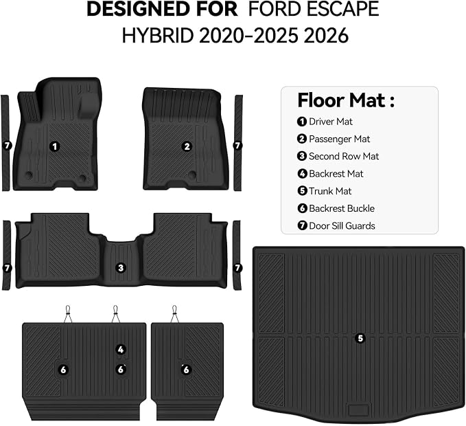 Floor Mats for Ford Escape Hybrid 2020-2025 2026 Accessories | Trunk Mat and Backrest Mat & Door Sill Guard All Weather TPE Protector Odorless Full Set Interior Floor Liners - Image 2