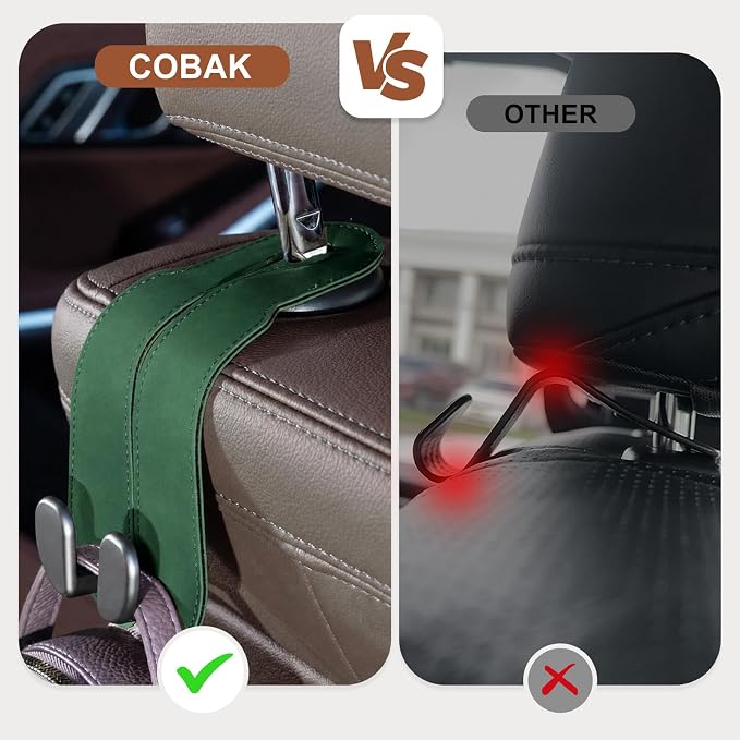 CoBak Purse Hook for Car - Universal Premium Stitched Leather and Aluminum-Magnesium Alloy Double Car Seat Back Storage Hook for Purses, Handbags, Bags (2 Pack),Emerald - Image 5