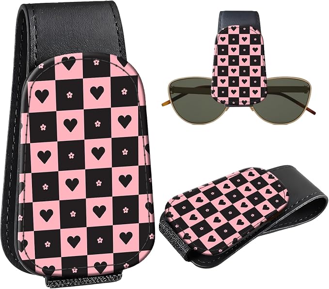 Leather Magnetic Sunglass Holder for Car Sun Visor, Cute Eyeglass Ticket Card Hanger Clip, Universal Auto Interior Accessories for SUV Pickup Truck, Heart Checkered by Unknown