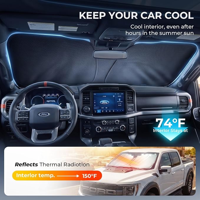 [2026 Upgraded] DooGooCoo Windshield Sun Shade for Toyota Tacoma 2024-2025 2026 [Cooling Ice-Crystal, 100% Sun Block] Car Sunshade Windshield for Truck Tacoma Sun Shade, Custom Fit for Toyota Tacoma. - Image 3
