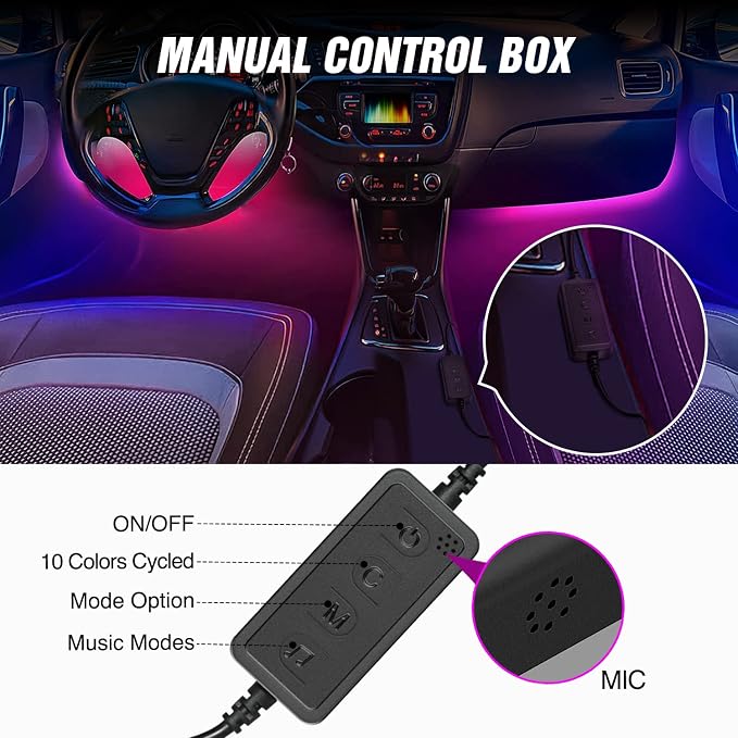 Nilight 4PCS USB Car Interior Lights Dream Color App and Remote Control | 72LED 5V DC RGB-IC Music Car Neon Accent Light Strips Under Dash Lighting Kit with Sound Active Function - Image 3