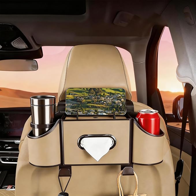 Back Seat Car Organizer,4 in 1 Multifunctional Car Back Seat Storage Box with Drink Cup Holder Tissue Box, for Hold Phone,Snacks, Drinks, Handbag-Meter - Image 4