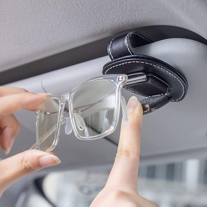 Sunglasses Holder, Leather Glasses Holders Compatible with GMC AT4 Car Sun Visor, Eyeglasses Hanger and Ticket Card Clip Eyeglasses Mount for Car, for Accessories, Black - Image 2