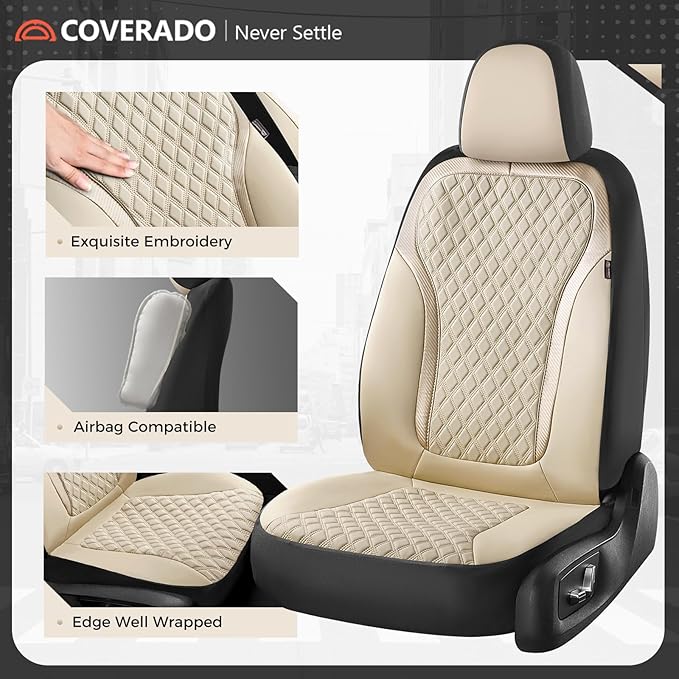 Coverado Front Seat Covers, 2-Pack Luxury Leather Car Seat Cover with Carbon Fiber Weave, Waterproof Car Seat Protectors, Spill-Proof Car Seat Cushion, Beige Seat Covers Universal Fit for Most Cars - Image 3
