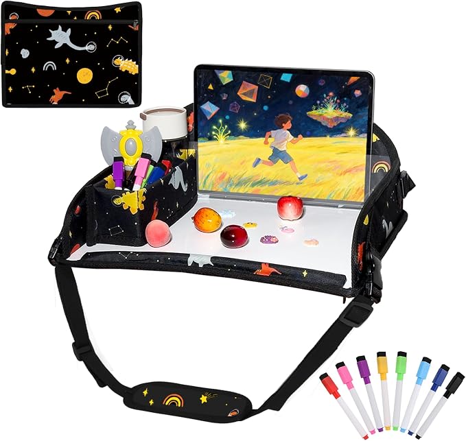 Kids Travel Tray for Car Seat, Toddler Car Seat Activity Tray, Kids Carseat Lap Table, Road Trip Essentials for Airplane, Lap Desk for Kid Roadtrip Activities, Cosmic Dino by Unknown