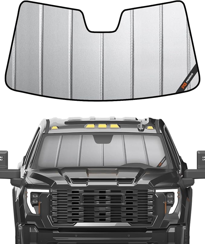 Pigenius Windshield Sun Shade for Chevy Silverado & GMC Sierra 1500/2500/3500 2019-2026 (WT, Custom, Pro Trims) - Fits All Trims 2019-2021, Non-HUD Models Only, Premium Grey Leather Finish by Pigenius
