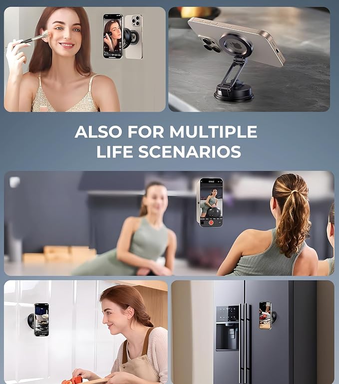 【Vacuum Suction Folding Car Mount】Magnetic Car Phone Holder for magsafe, Aerospace Alloy Arm, Best Dashboard/Windshield/Screen Holder for Your Car/Tesla/Gym/Mirror/Shower/Smooth Surface/iPhone - Image 6