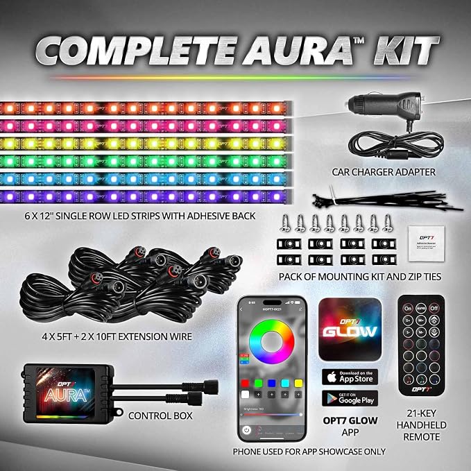 OPT7 Aura Pro Multicolor Interior SUV & Van Lights w/App & Remote, 6PC Kit | Extended Interior Lighting, RGB Ambient Footwell Glow, Full SUV Coverage, Sound Sync, 3-Row Car Decor, 12V LED Strips - Image 8