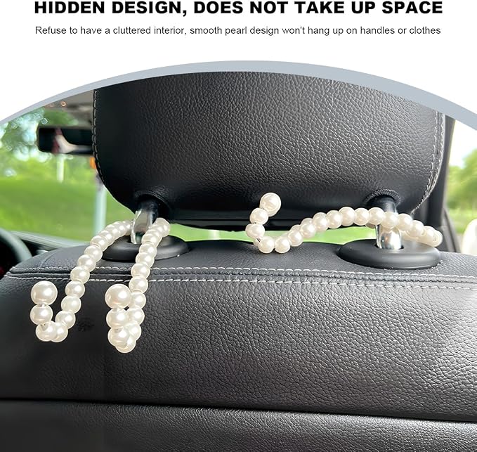 2PCS Elegant Pearl Car Seat Headrest Hook, Cute Back Seat Storage Hanger Dainty Purse Holder, Universal Headrest Pearl Hook Exquisite Auto Interior Decor for Women Girls - Image 5