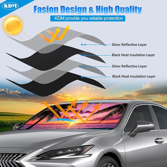 KDM Sunset Beach Style Windshield Sun Shade for 2023 2024 2025 Honda CR-V | Foldable Front Reflective Windows Sunshade Visor Protector Blocks UV Rays Heat - Image 3