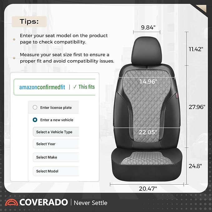 Coverado Front Seat Covers, 2-Pack Luxury Leather Car Seat Cover with Carbon Fibre Weave Design, Waterproof Car Seat Protectors, Driver Seat Covers Universal Fit for Cars SUV Trucks, Black Gray - Image 6