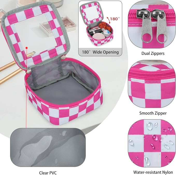 DOB SECHS Mini Checkered Bag for Purse 5.1'' x 5.1'' Small Makeup Bag for Car Cute Clear Cosmetic Bags with Zipper, Tiny Toiletry Bag Lipstick Organizer Pouch Travel Essentials Storage Pouch, Hot Pink - Image 5