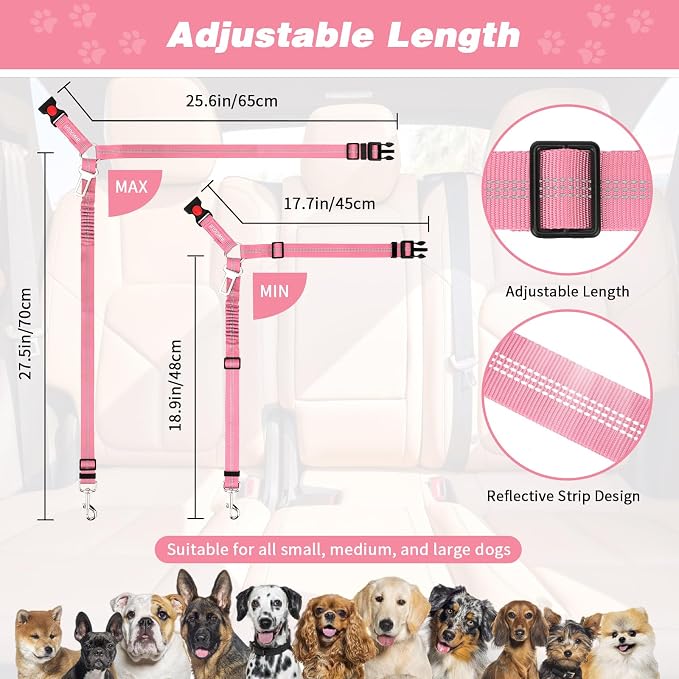 BWOGUE 2 Pack Dog Seat Belt for Car, Elastic Bungee Buffer Safety Seat Belt | Headrest Restraint, 18-30 in Adjustable, Use with Dog Harness, Small-Large Dogs, Harness in Vehicle Travel for Pet - Image 2