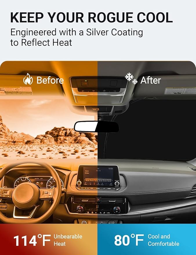 Proadsy Custom Fit 2021-2025 Nissan Rogue Windshield Sun Shade, Blocks Heat | 240T Heat Shield, Drops Temp 54°F, Blocks 99% UV, Prevents Dashboard Cracking, Summer Parking & Beach Trips, Easy Twist-Fold - Image 3