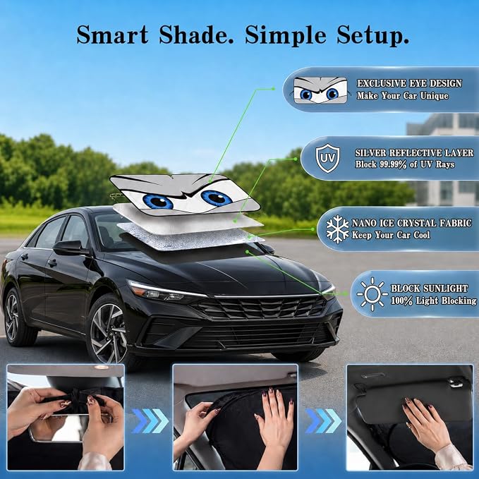 Car Windshield Sun Shade, Universal Fit Compact Sedan SUV, Cool Gray | 57 x 29.5" Car Sun Visor, Foldable Front Window Sunshade, UV Heat Protection, Cute Eyes Series - Image 4