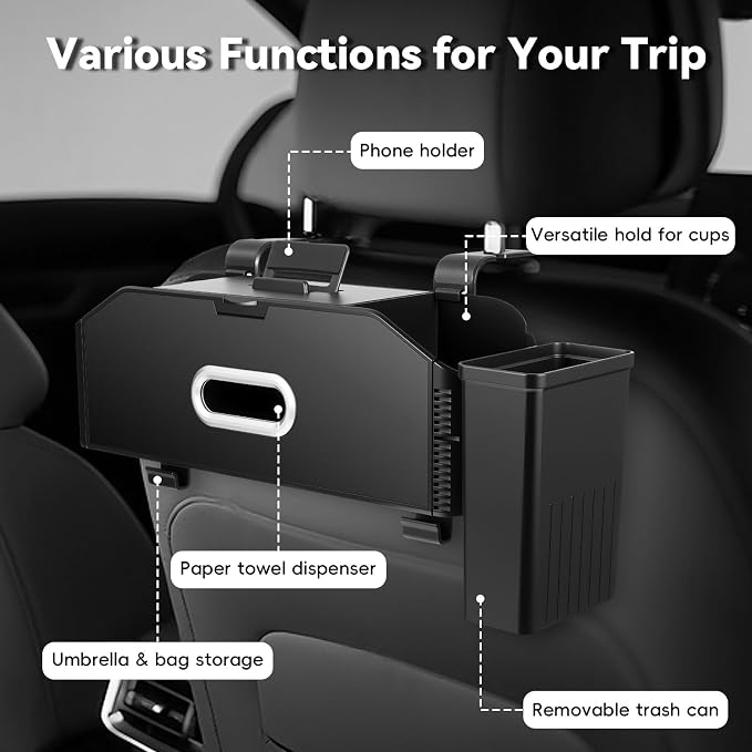 7-In-1 Car Seat Back Organizer with Cup Holders, Tissue Box, Removable Trash Can & Hooks, Multifunctional Car Seat Back Storage Box, Extra Headrest Cup Holder for Backseat (Black02) - Image 5
